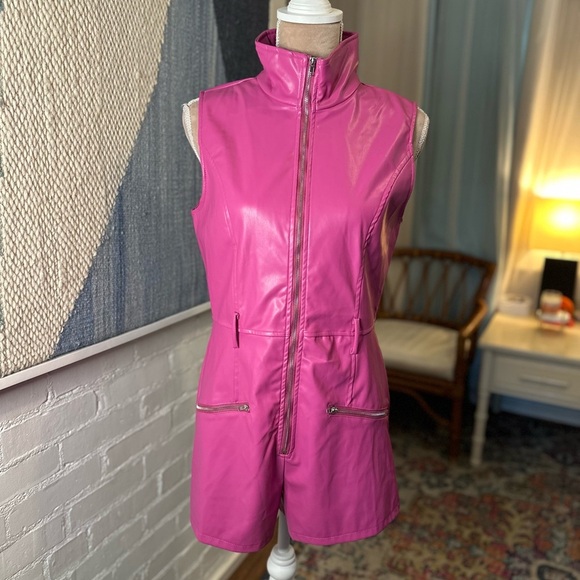 NWT Fashion Nova Pink Pleather Zip Up Romper - Picture 3 of 12